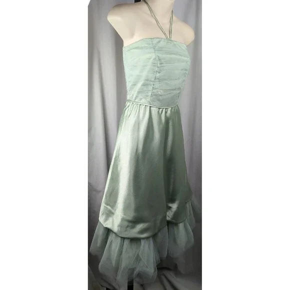 Vintage 50s Tulle Prom Dress Seafoam Green Satin Silk Halter Ruched Mint XXS XS - Picture 2 of 13